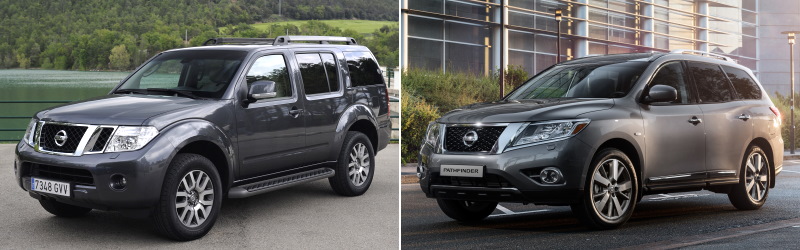 Слева — Nissan Pathfinder третьего поколения, выпускавшийся в 2005–2014 годах. Справа — модель четвёртого поколения, дебютировавшая в 2012 году