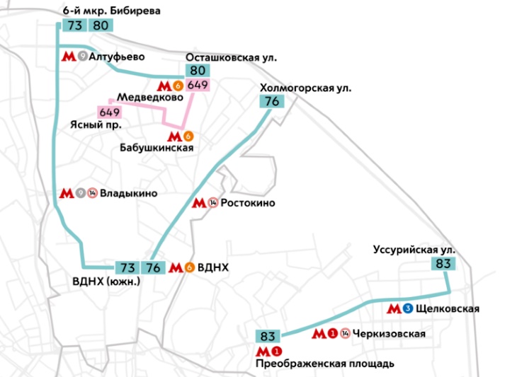 Схема маршрутов, на которых используются электробусы: голубым отмечены троллейбусные линии, розовым — автобусные